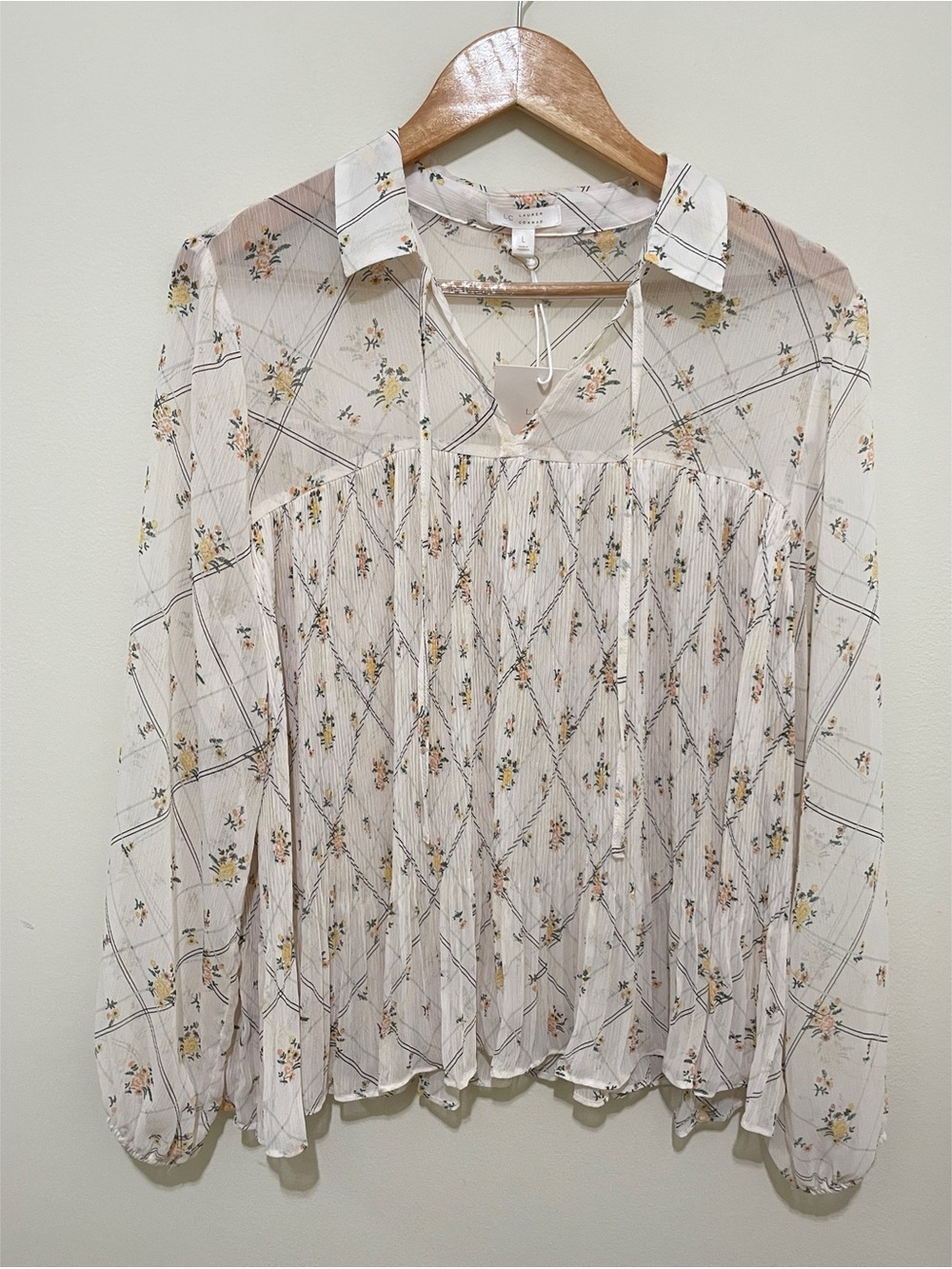 NWT Women's Beautiful Floral Peasant Blouse Semi Sheer, Size Large